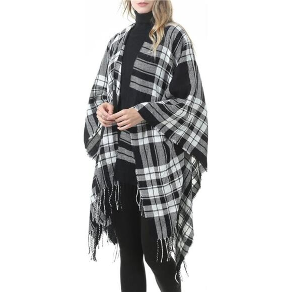 Black Plaid Printed Blanket Shawls Poncho Winter Open Front Wrap Cape Cardigan - Picture 2 of 6